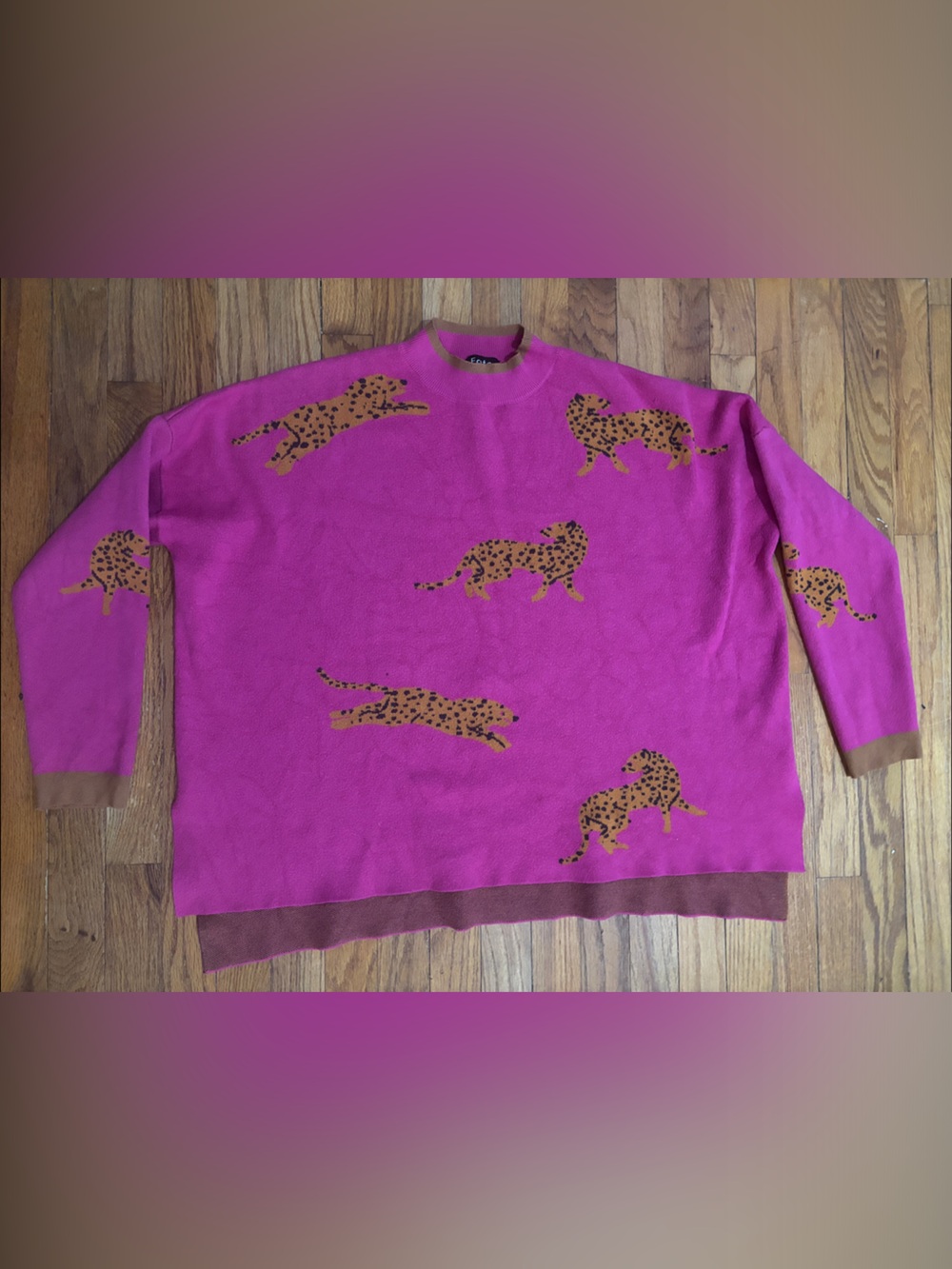 Fate Hot Pink Mock Turtleneck Boxy Sweater with leopard print and Brown Trim